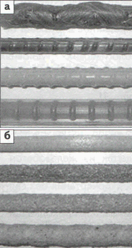 Основные виды поверхностей стекловолоконной арматуры с искусственными неровностями (а), покрытые песком (б).
